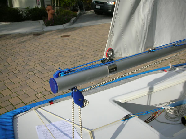 Close-up of outhaul adjustment on a boom.